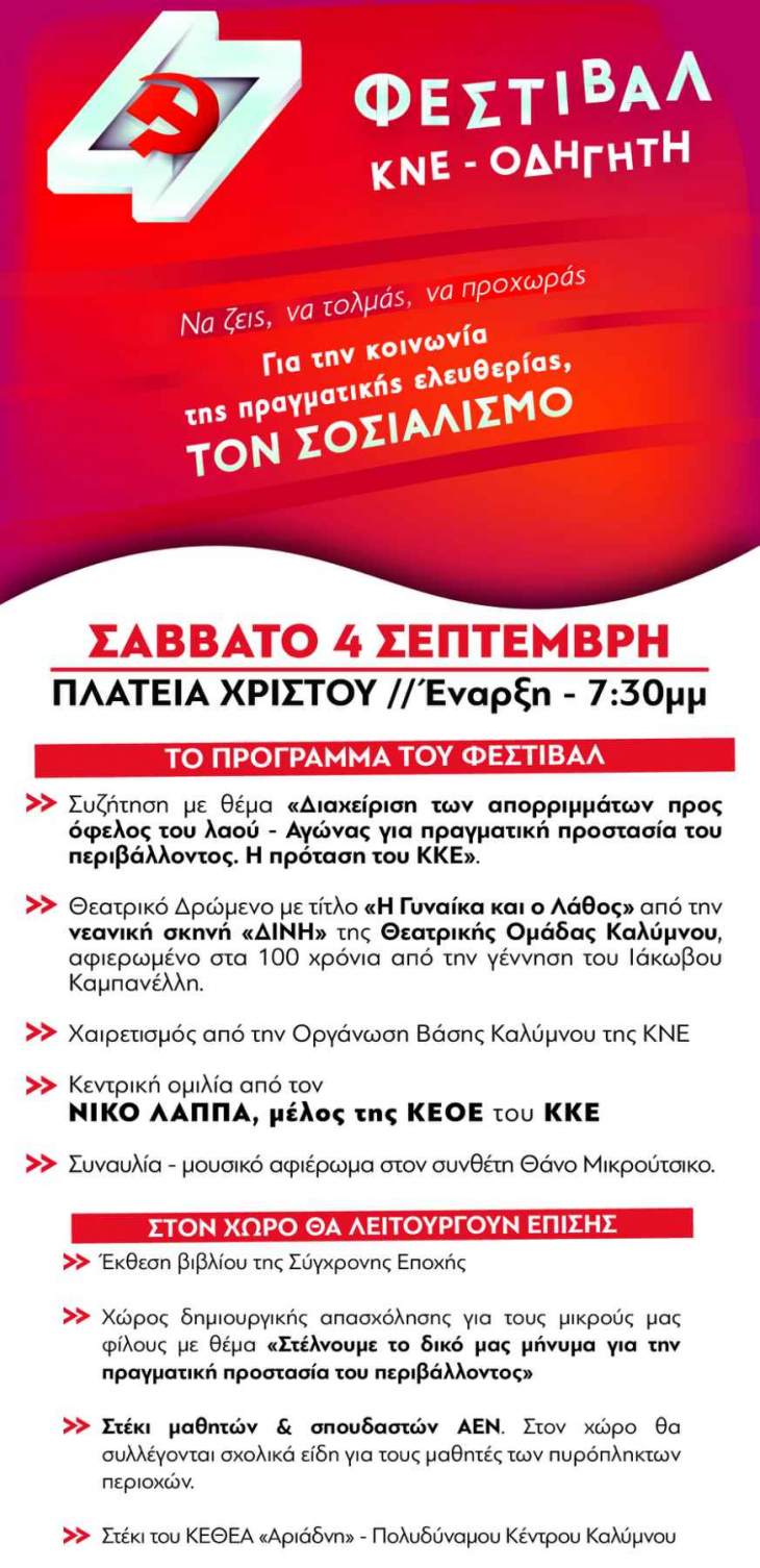 ΕΚΔΗΛΩΣΕΙΣ 47ου ΦΕΣΤΙΒΑΛ ΚΝΕ-ΟΔΗΓΗΤΗ ΣΤΗΝ ΚΑΛΥΜΝΟ- ΣΑΒΒΑΤΟ 4 ΣΕΠΤΕΜΒΡΗ.